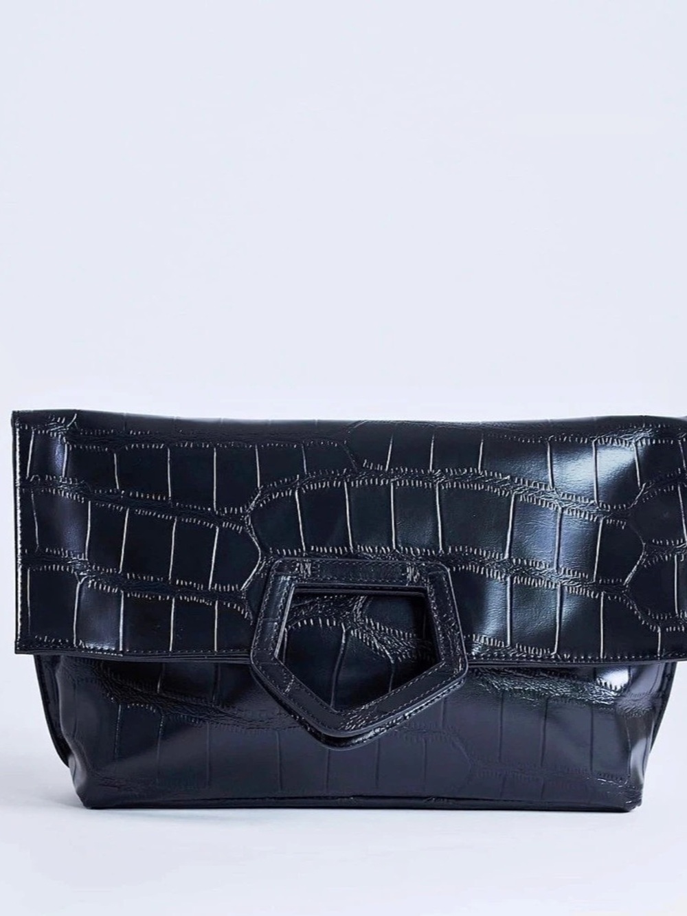Topshop Geary Oversized Black Croc Foldover Clutch Bag NWT